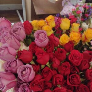 1 Dozen Colored Roses - in a Vase with Baby's Breath